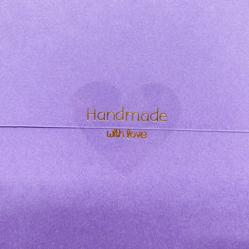 Lot de 100 autocollants transparents, coeur "handmade with love" et "thank you"