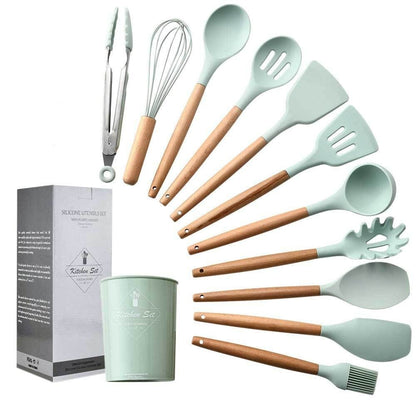 Ustensiles de cuisine en bois et en silicone, pastel