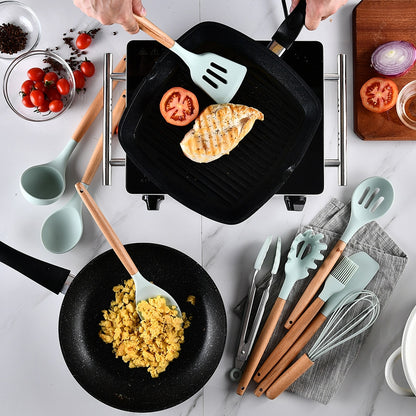Ustensiles de cuisine en bois et en silicone, pastel